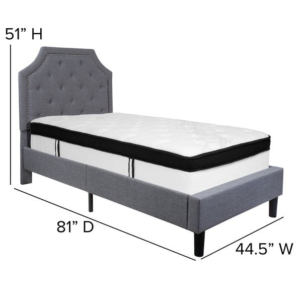 Light Gray,Twin |#| Twin Size Arched Tufted Light Gray Fabric Platform Bed with Memory Foam Mattress