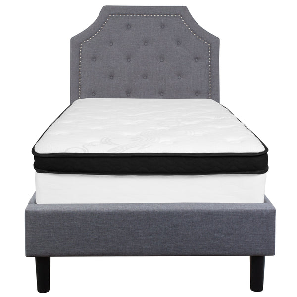 Light Gray,Twin |#| Twin Size Arched Tufted Light Gray Fabric Platform Bed with Memory Foam Mattress