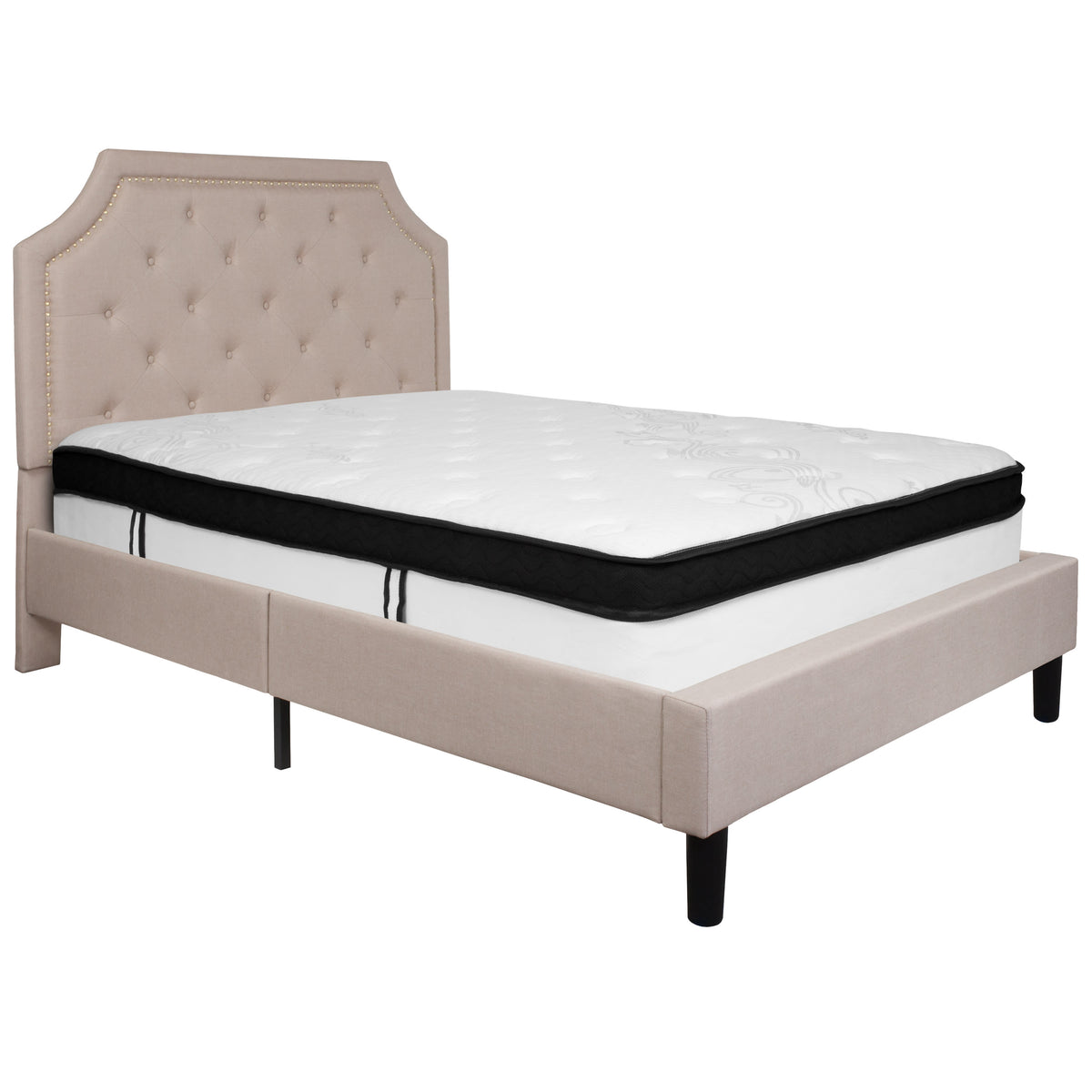 Beige,Full |#| Full Size Arched Tufted Beige Fabric Platform Bed with Memory Foam Mattress