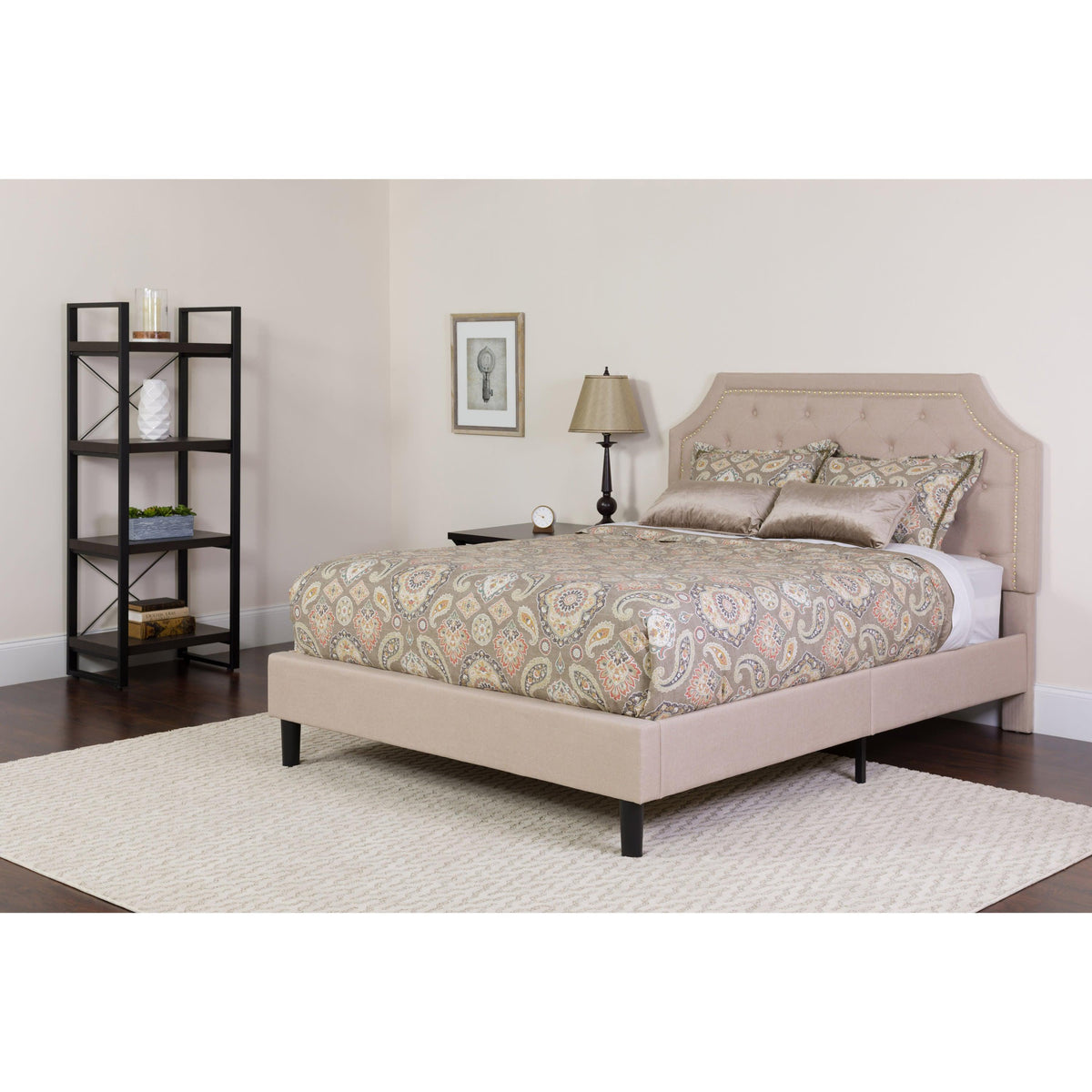 Beige,Full |#| Full Size Arched Tufted Beige Fabric Platform Bed with Memory Foam Mattress