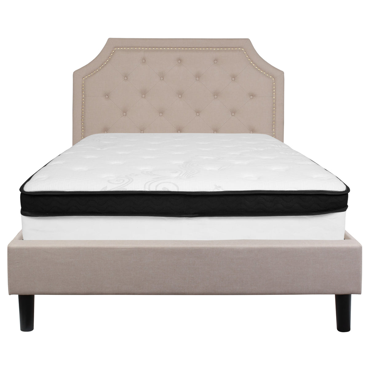 Beige,Full |#| Full Size Arched Tufted Beige Fabric Platform Bed with Memory Foam Mattress