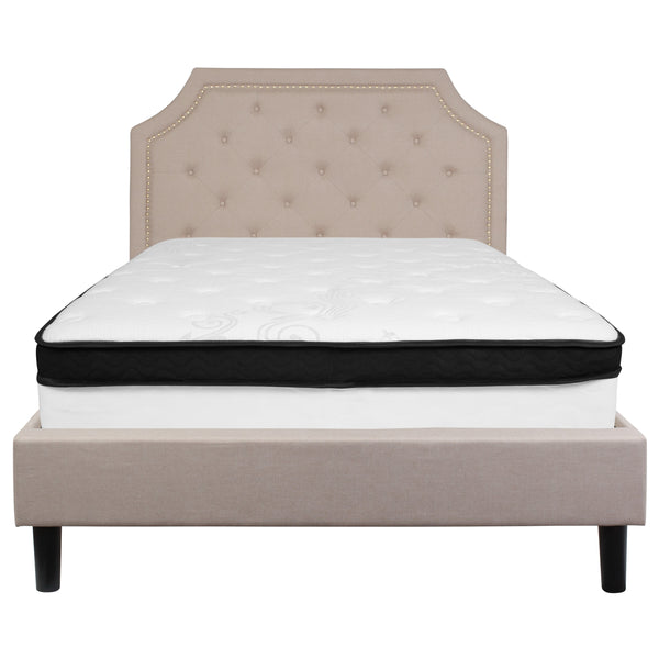 Beige,Full |#| Full Size Arched Tufted Beige Fabric Platform Bed with Memory Foam Mattress