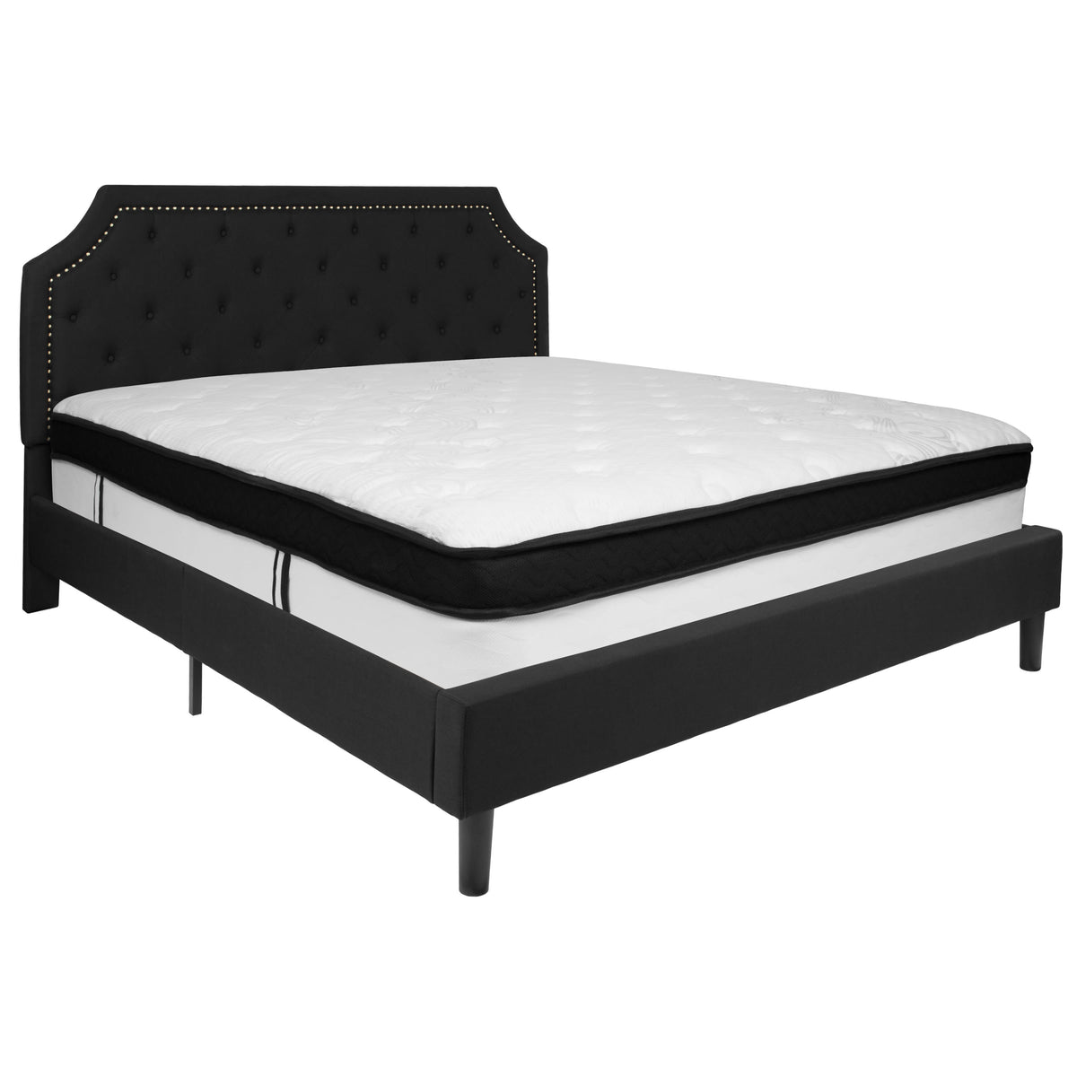 Black,King |#| King Size Arched Tufted Black Fabric Platform Bed with Memory Foam Mattress