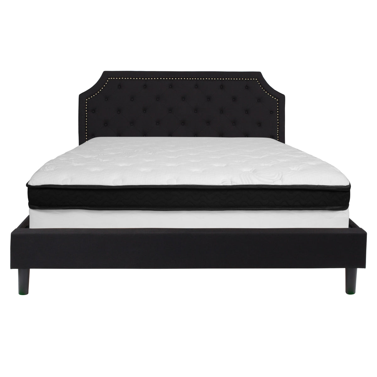 Black,King |#| King Size Arched Tufted Black Fabric Platform Bed with Memory Foam Mattress