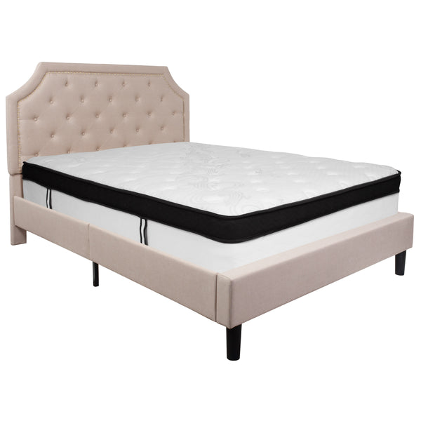 Beige,Queen |#| Queen Size Arched Tufted Beige Fabric Platform Bed with Memory Foam Mattress