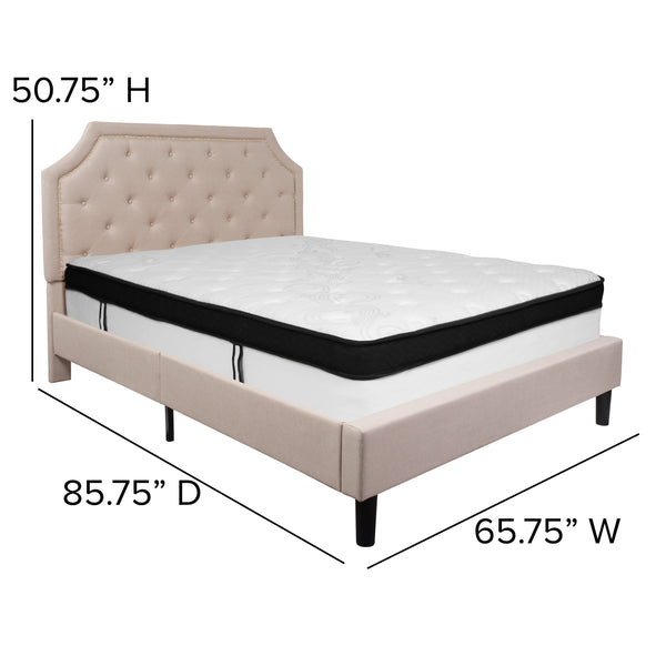 Beige,Queen |#| Queen Size Arched Tufted Beige Fabric Platform Bed with Memory Foam Mattress