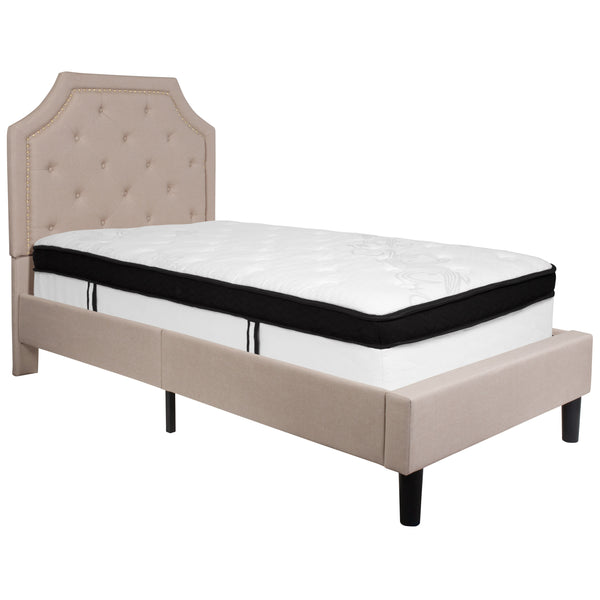 Beige,Twin |#| Twin Size Arched Tufted Beige Fabric Platform Bed with Memory Foam Mattress