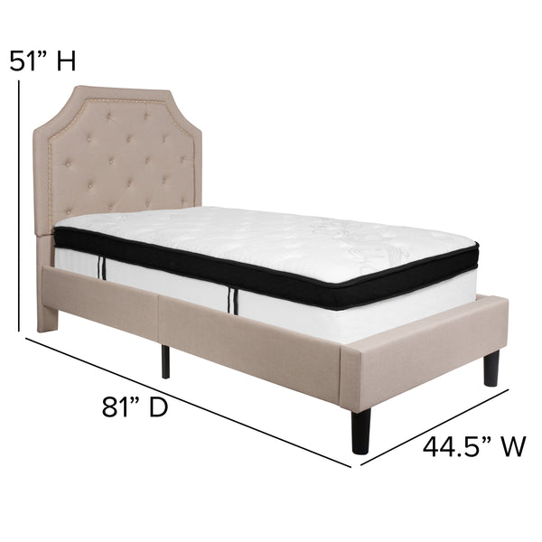 Beige,Twin |#| Twin Size Arched Tufted Beige Fabric Platform Bed with Memory Foam Mattress