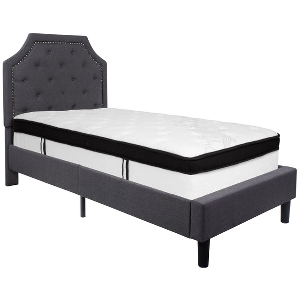 Dark Gray,Twin |#| Twin Size Arched Tufted Dark Gray Fabric Platform Bed with Memory Foam Mattress