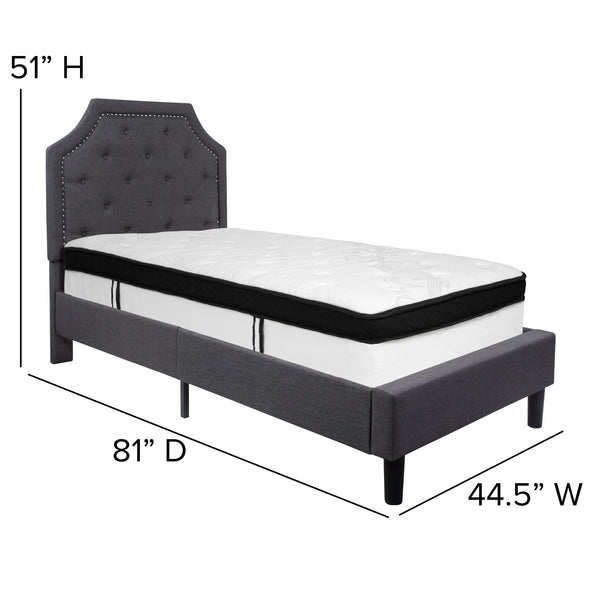 Dark Gray,Twin |#| Twin Size Arched Tufted Dark Gray Fabric Platform Bed with Memory Foam Mattress