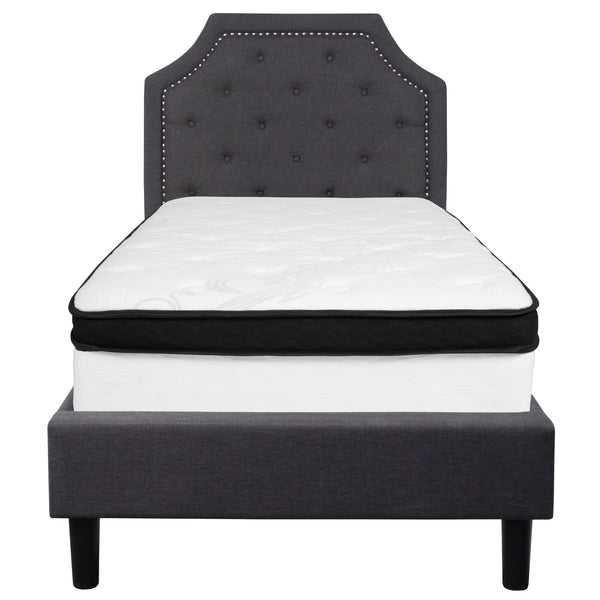 Dark Gray,Twin |#| Twin Size Arched Tufted Dark Gray Fabric Platform Bed with Memory Foam Mattress