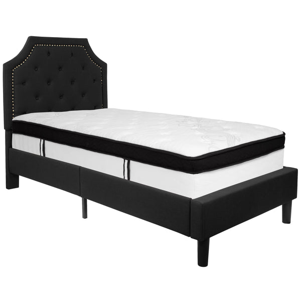 Black,Twin |#| Twin Size Arched Tufted Black Fabric Platform Bed with Memory Foam Mattress