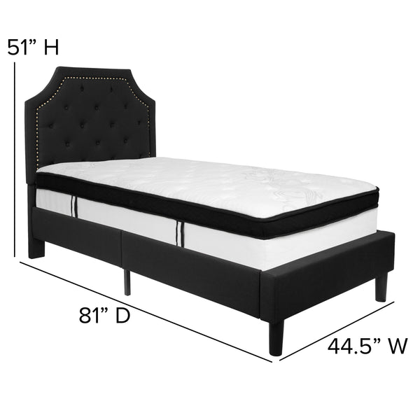 Black,Twin |#| Twin Size Arched Tufted Black Fabric Platform Bed with Memory Foam Mattress