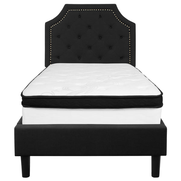 Black,Twin |#| Twin Size Arched Tufted Black Fabric Platform Bed with Memory Foam Mattress