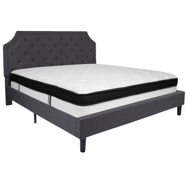 Dark Gray,King |#| King Size Arched Tufted Dark Gray Fabric Platform Bed with Memory Foam Mattress