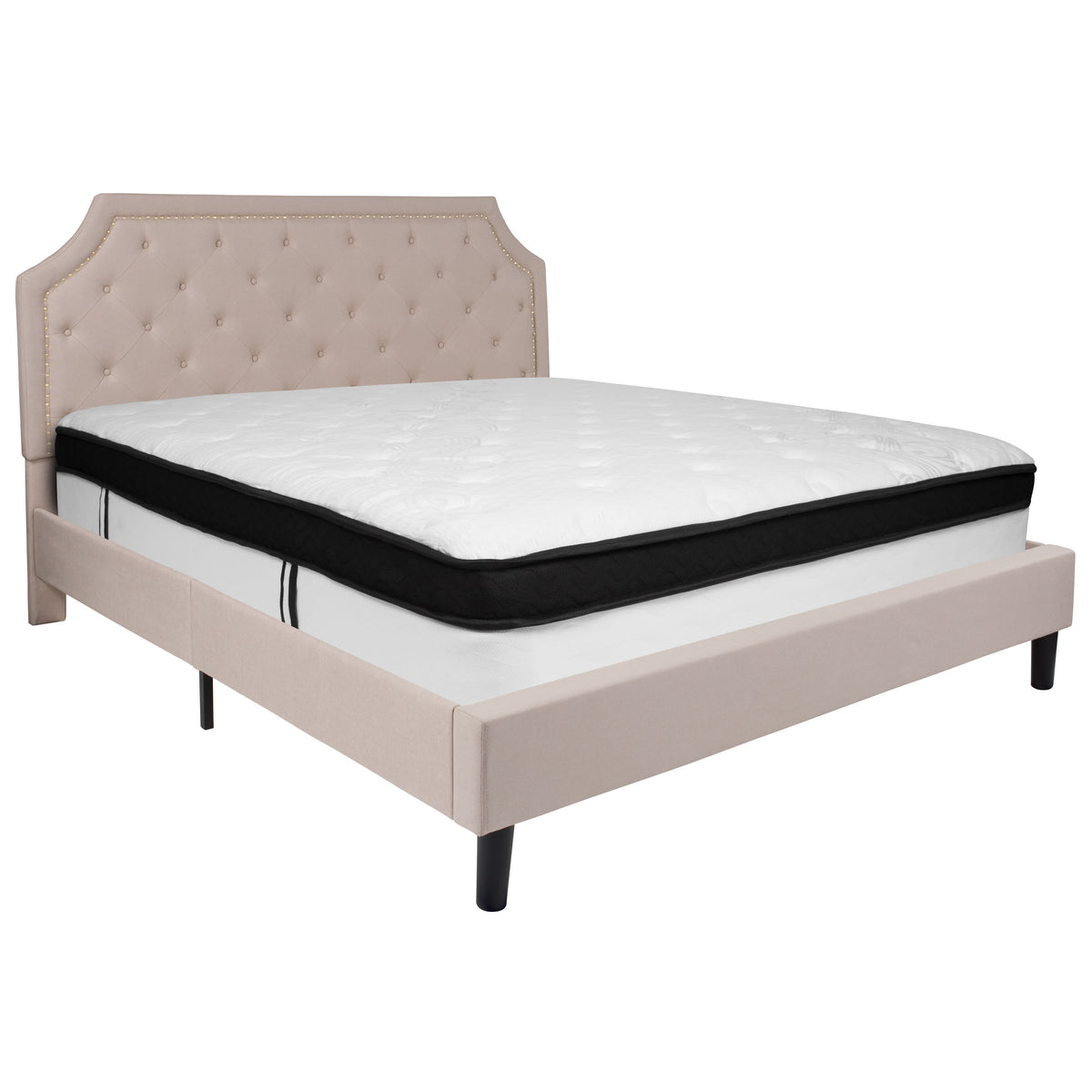 Beige,King |#| King Size Arched Tufted Beige Fabric Platform Bed with Memory Foam Mattress