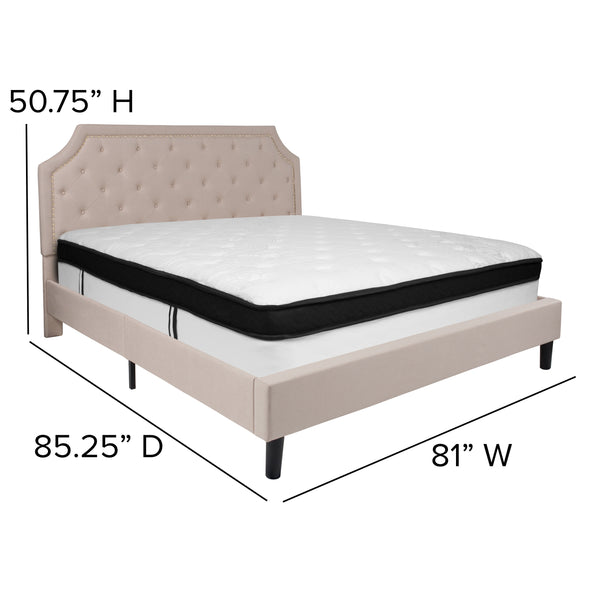 Beige,King |#| King Size Arched Tufted Beige Fabric Platform Bed with Memory Foam Mattress