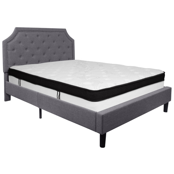 Light Gray,Queen |#| Queen Size Arched Tufted Lt Gray Fabric Platform Bed with Memory Foam Mattress