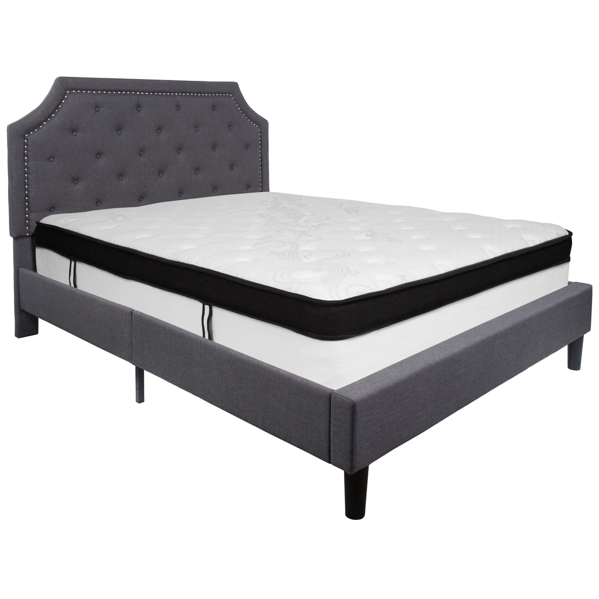 Dark Gray,Queen |#| Queen Size Arched Tufted Dark Gray Fabric Platform Bed with Memory Foam Mattress