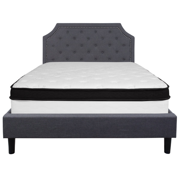 Dark Gray,Queen |#| Queen Size Arched Tufted Dark Gray Fabric Platform Bed with Memory Foam Mattress