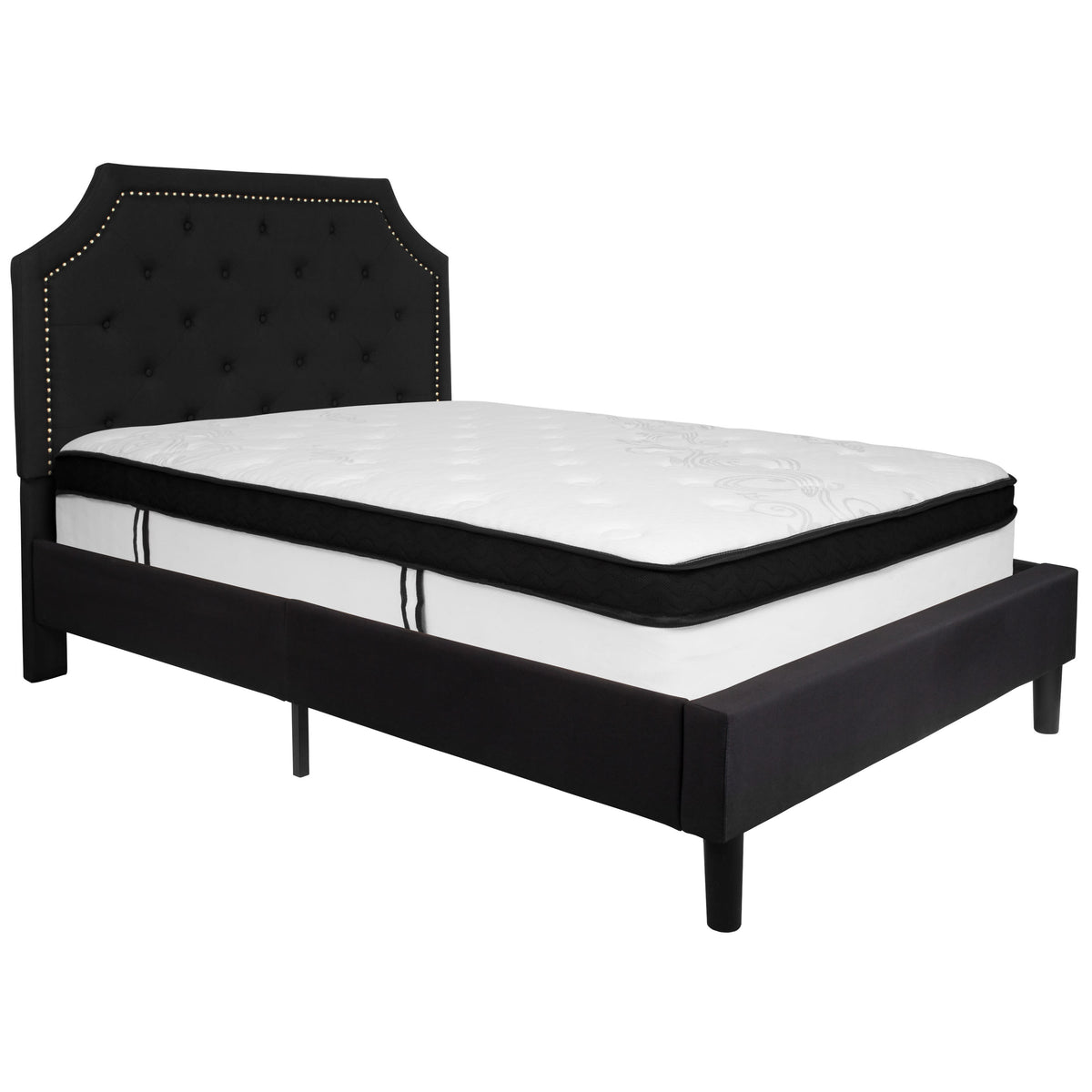 Black,Full |#| Full Size Arched Tufted Black Fabric Platform Bed with Memory Foam Mattress