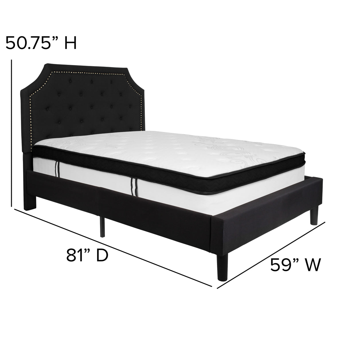 Black,Full |#| Full Size Arched Tufted Black Fabric Platform Bed with Memory Foam Mattress