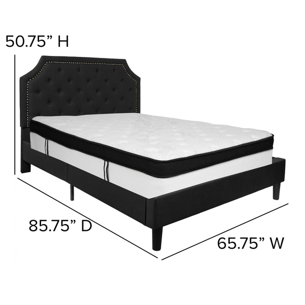 Black,Queen |#| Queen Size Arched Tufted Black Fabric Platform Bed with Memory Foam Mattress