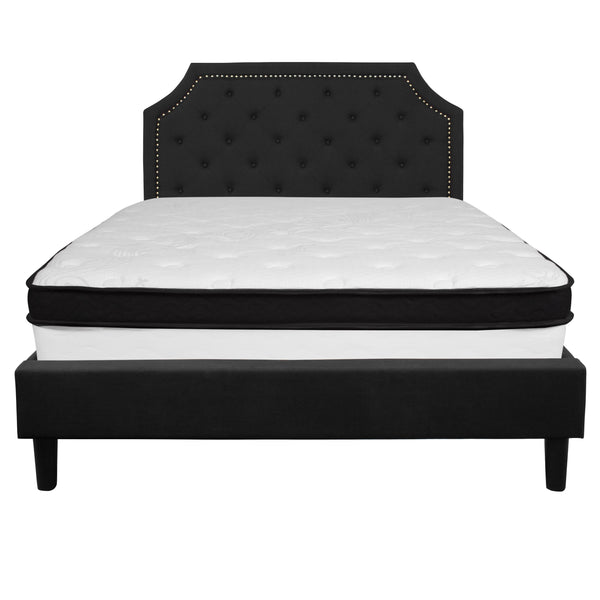 Black,Queen |#| Queen Size Arched Tufted Black Fabric Platform Bed with Memory Foam Mattress