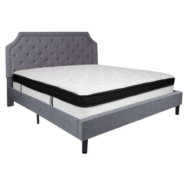 Light Gray,King |#| King Size Arched Tufted Light Gray Fabric Platform Bed with Memory Foam Mattress