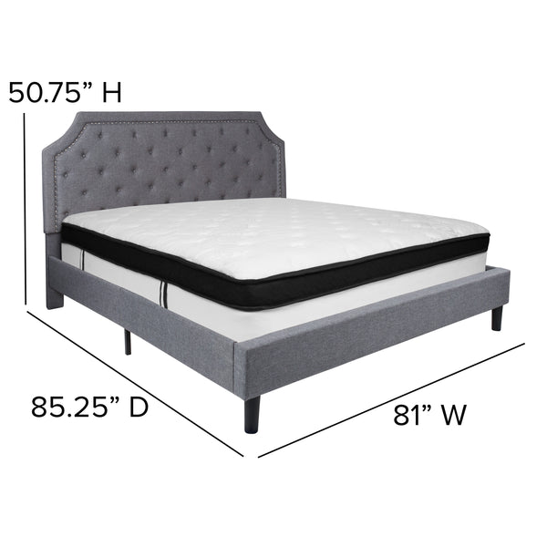 Light Gray,King |#| King Size Arched Tufted Light Gray Fabric Platform Bed with Memory Foam Mattress