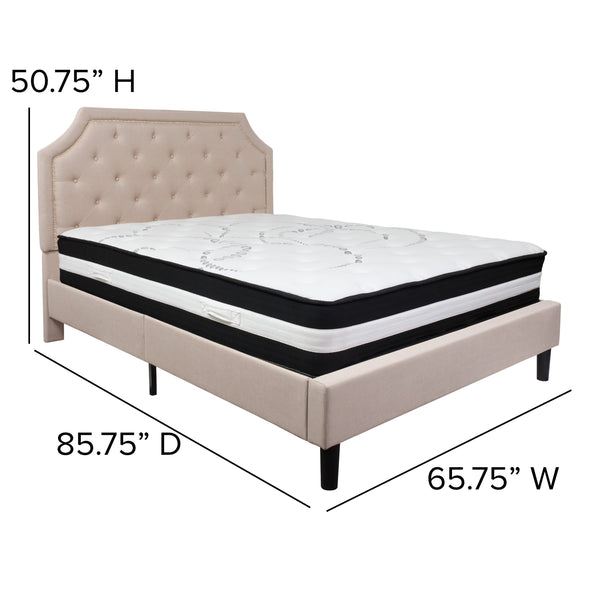 Beige,Queen |#| Queen Size Arched Tufted Beige Fabric Platform Bed with Pocket Spring Mattress