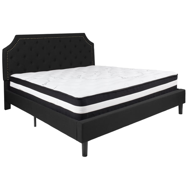 Black,King |#| King Size Arched Tufted Black Fabric Platform Bed with Pocket Spring Mattress