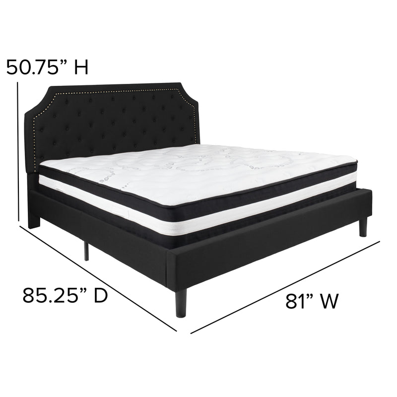 Black,King |#| King Size Arched Tufted Black Fabric Platform Bed with Pocket Spring Mattress