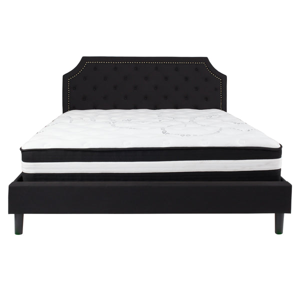 Black,King |#| King Size Arched Tufted Black Fabric Platform Bed with Pocket Spring Mattress