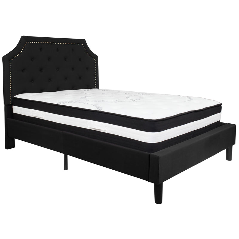 Black,Full |#| Full Size Arched Tufted Black Fabric Platform Bed with Pocket Spring Mattress