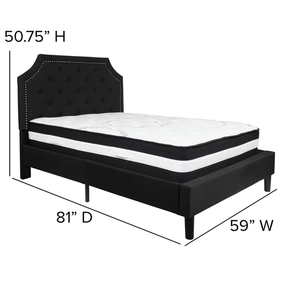 Black,Full |#| Full Size Arched Tufted Black Fabric Platform Bed with Pocket Spring Mattress