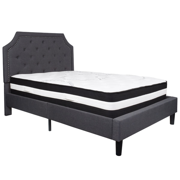 Dark Gray,Full |#| Full Size Arched Tufted Dk Gray Fabric Platform Bed with Pocket Spring Mattress