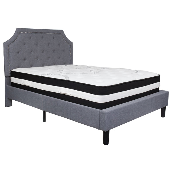 Light Gray,Full |#| Full Size Arched Tufted Lt Gray Fabric Platform Bed with Pocket Spring Mattress