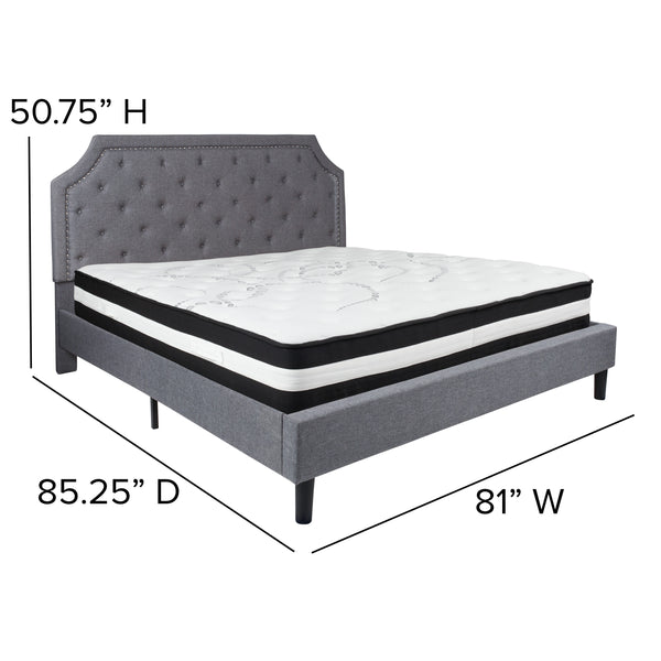 Light Gray,King |#| King Size Arched Tufted Lt Gray Fabric Platform Bed with Pocket Spring Mattress