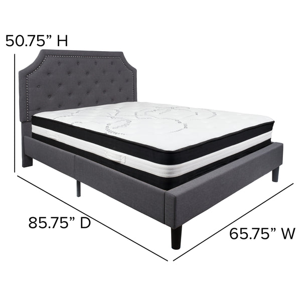 Dark Gray,Queen |#| Queen Size Arched Tufted Dk Gray Fabric Platform Bed with Pocket Spring Mattress