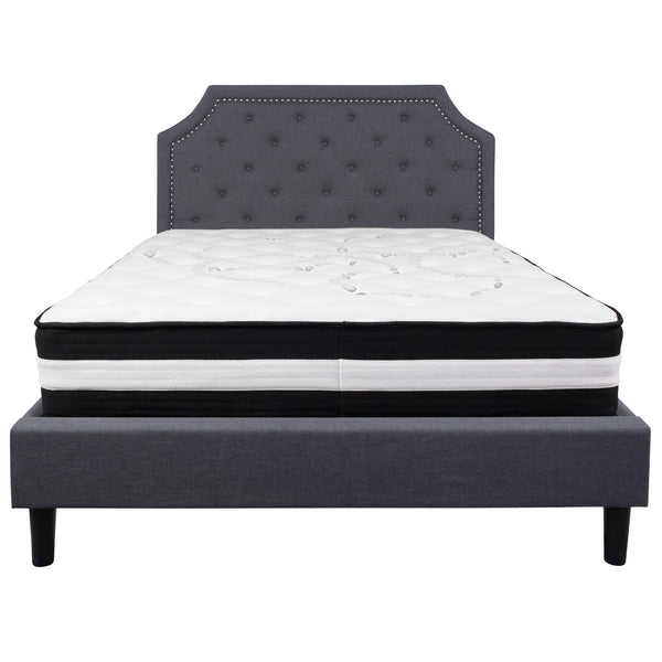 Dark Gray,Queen |#| Queen Size Arched Tufted Dk Gray Fabric Platform Bed with Pocket Spring Mattress