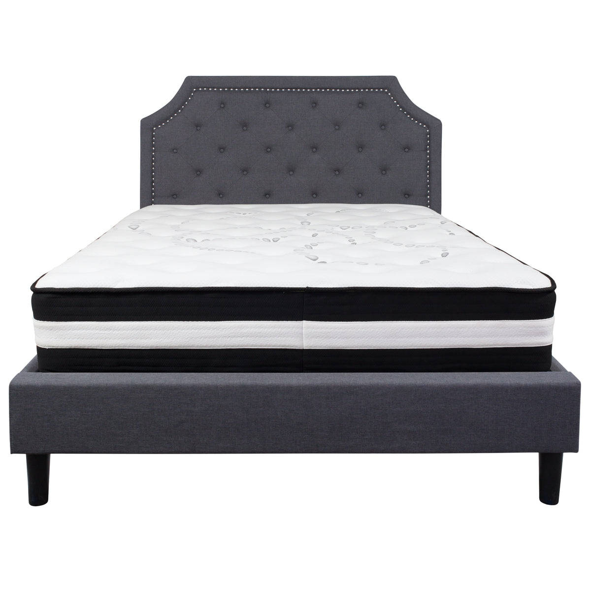 Dark Gray,Queen |#| Queen Size Arched Tufted Dk Gray Fabric Platform Bed with Pocket Spring Mattress