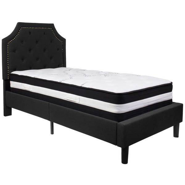 Black,Twin |#| Twin Size Arched Tufted Black Fabric Platform Bed with Pocket Spring Mattress