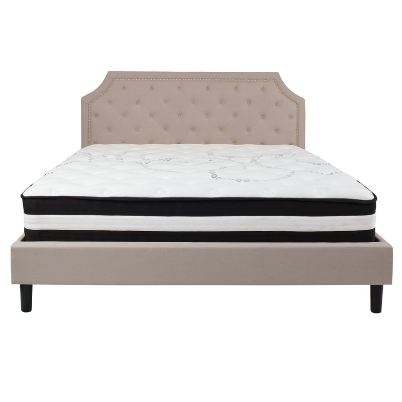 Beige,King |#| King Size Arched Tufted Beige Fabric Platform Bed with Pocket Spring Mattress