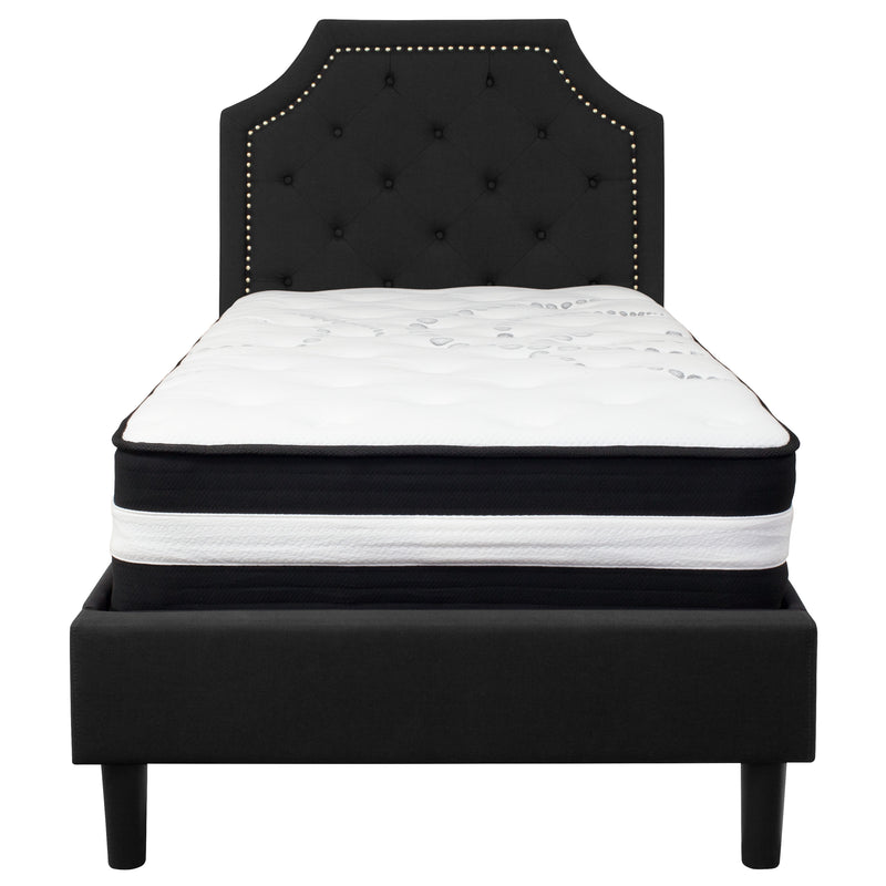 Black,Twin |#| Twin Size Arched Tufted Black Fabric Platform Bed with Pocket Spring Mattress
