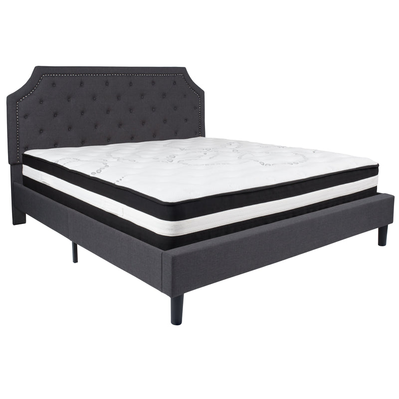 Dark Gray,King |#| King Size Arched Tufted Dk Gray Fabric Platform Bed with Pocket Spring Mattress
