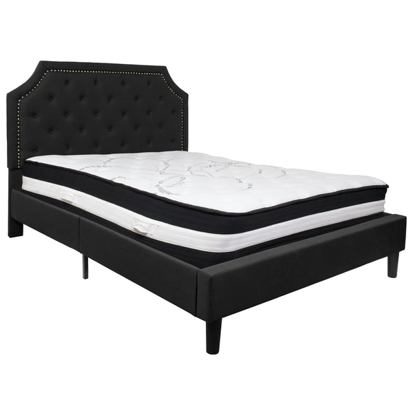 Black,Queen |#| Queen Size Arched Tufted Black Fabric Platform Bed with Pocket Spring Mattress