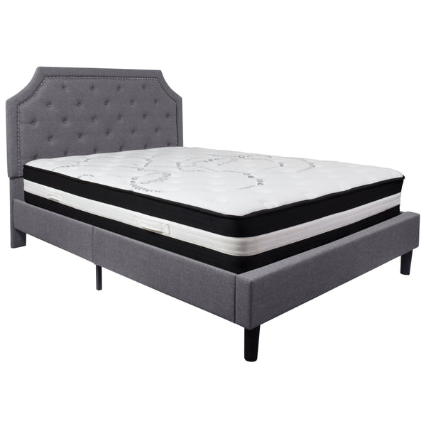 Light Gray,Queen |#| Queen Size Arched Tufted Lt Gray Fabric Platform Bed w/ Pocket Spring Mattress