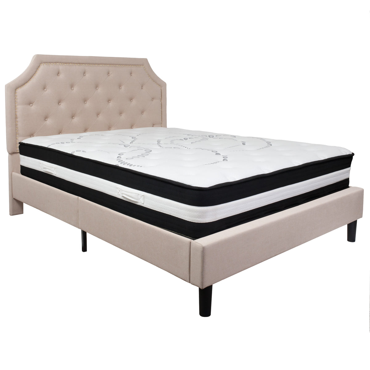 Beige,Queen |#| Queen Size Arched Tufted Beige Fabric Platform Bed with Pocket Spring Mattress