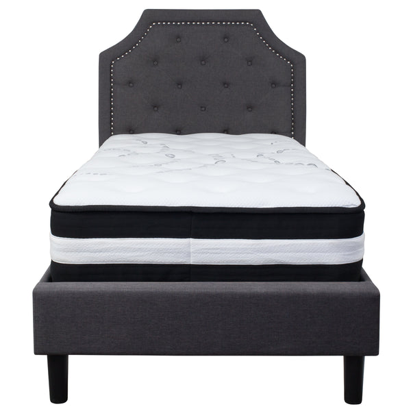 Dark Gray,Twin |#| Twin Size Arched Tufted Dk Gray Fabric Platform Bed with Pocket Spring Mattress